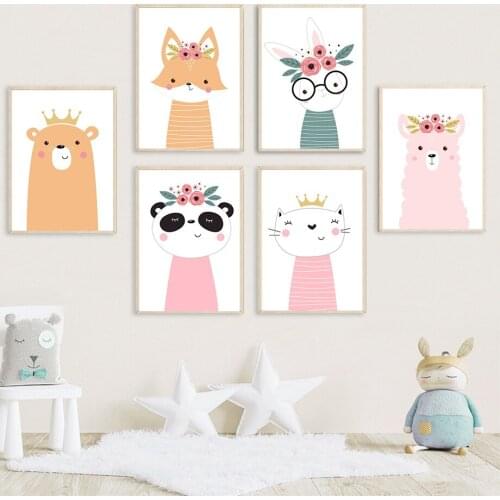 Alpaca Panda Rabbit Fox Cat Bear Cartoon Wall Art Canvas Painting Nordic Posters And Prints Wall Pictures Baby Kids Room Decor