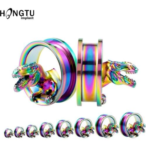 Hongtu 3D Stereo Ear Gauges Stainless Steel Screw Piercing Ear Expansion Rainbow Dinosaur Ear Plug And Tunnel In Body Jewelry