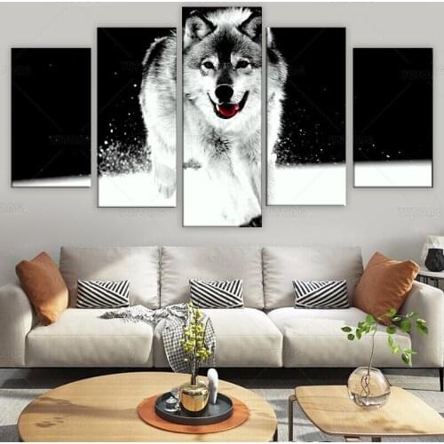 HD Printed 5 piece canvas wall art wolf canvas wolf running in snow animal painting for living room home decorative pictures
