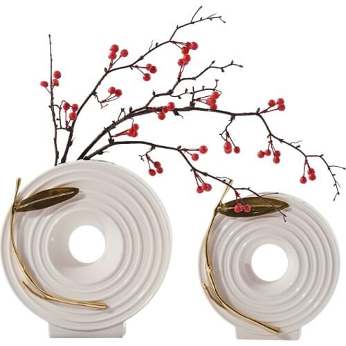 Ceramic Vase Flower Inlaid Copper Leaf Model House Tea Table Decoration Dried Flower Home Ornament