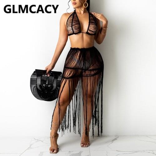 Two Piece Knitted Tassels Beachwear Summer Two Piece Dress Suits
