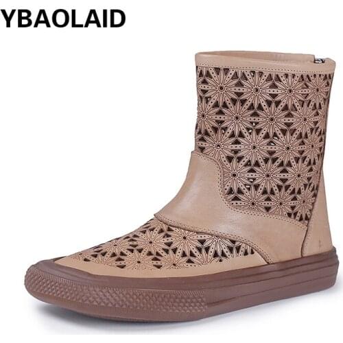 Genuine Leather Sandals Spring and Summer New Retro Cowhide Round Head Back Zipper Flat Heel Hollow Hole Shoes Womens Boots