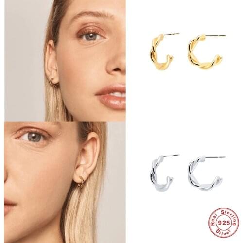 GS 925 Sterling Silver French Style Big C Shape Twist Stud Earrings Women Exquisite Hyperbole Circle Simple Chic Ear Studs