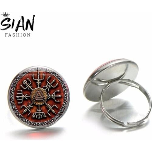 SIAN Vegvisir Viking Runic Compass Ring Men Women Nordic Amulet Vintage Punk Adjustable Round Rings Compass Scandinavian Jewelry