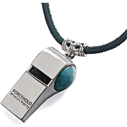 Blue Dinosaur Stone Football Whistle Help Whistle Rhodium Plated Adjustable Length Dark Green Rope Necklace
