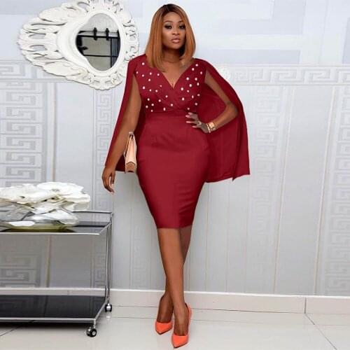 Beading Embellished Sexy Pencil Dresses for Women Deep V Neck Cloak Sleeve Formal Dress Office Lady Body-shaping Party Vestido
