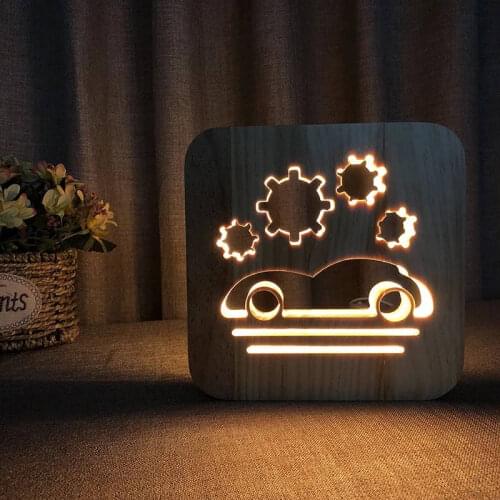 USB Creative Solid Wood Animal Car Night Light Simple Table Lamp Aircraft Rocket Submarine Puppy Holiday Lighting Birthday Gift