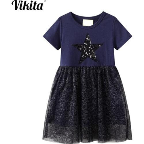 VIKITA Kids Girl Summer Dresses Sequins Star Vestidos Children Cotton Voile Mesh Patchwork Tutu Dress Kids Short Sleeve Dress