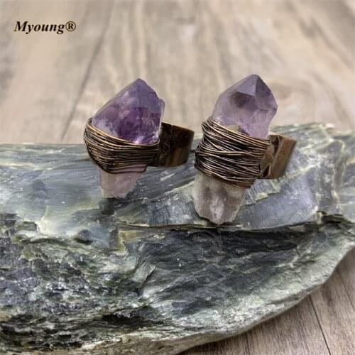 BOHO Bronze Wiring Natural Amethysts Crystal Quartz Point Vintage Rings,Bohemia Healing Irregular Stone Open Ring MY210740