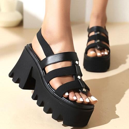 2021 Leisure Gladiator Black Gothic Style Chunky High Heel Fashion Summer High Platform Sandals Large Size 45 Shoes Woman