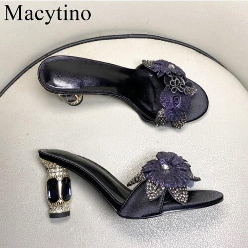 Flower High Heel Slipper Women Runway Party Sandals Woman Slip On Mules Shoes Sexy Thick Slippers Woman