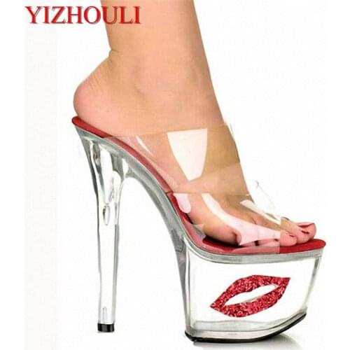 2018 Sexy Crystal Shoes 17cm Ultra High Heels Exotic Dancer Lips Platform Slippers Night Club 7 Inch High Heels