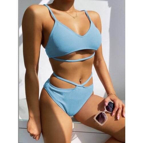 2021 New Sexy Bikini Pit Strip Fabric Ladies Split Swimsuit Fashion Solid Color High Waist Swimsuit