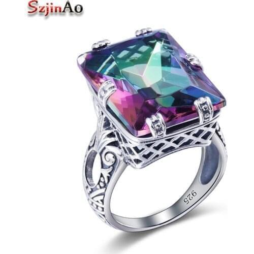 Szjinao 925 Mystic Topaz Ring For Women Vintage Sterling Silver Jewelry Rainbow Topaz Gemstone Wedding Engagement Accessories