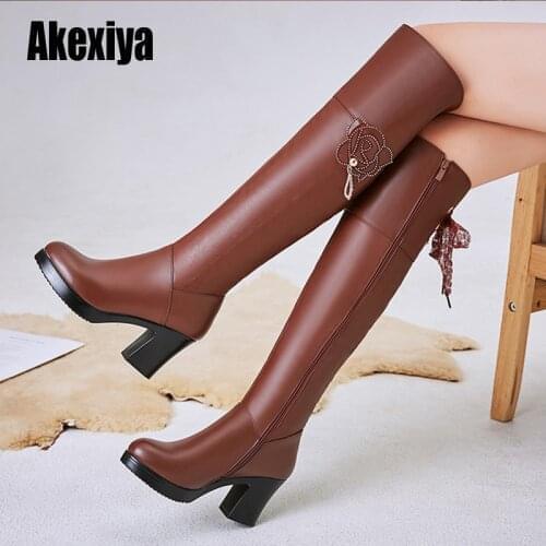 Winter Over The Knee Boots Women Natural Genuine Leather Thick High Heel Long Boots Rhinestones Flower Zipper Shoes Ladies u525