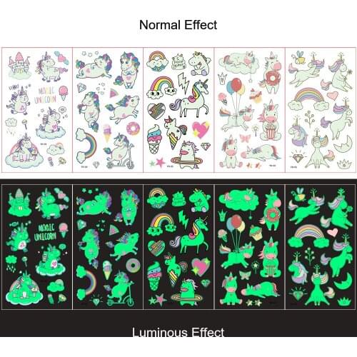 5pcs/lot Luminous Tattoo Face Temporary Color Unicorn Mermaid Dinosaur Tattoo Child Cute Tattoo Sticker Body Tattoo For Kids