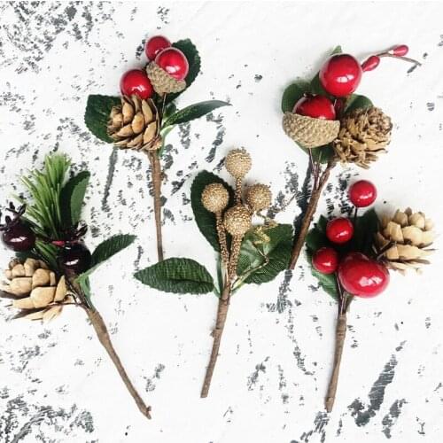 5pcs/pack Christmas Red Pine Cone Plastic Dried Flower Branch Accessories Gift box DIY Handmade Christmas Greeting Card