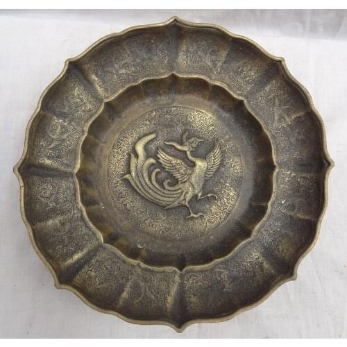 Free Shipping 30cm 12" Chinese Pure Bronze FengShui Bird Phoenix Statue Plate Tray Salver Dish