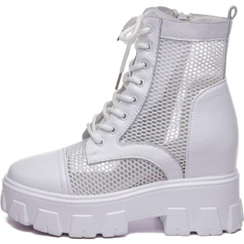 Genuine Leather Women Boots Summer Hollow Sandals Boots Ankle White Black Air Mesh Breathable 9cm Chunky Platform Heel