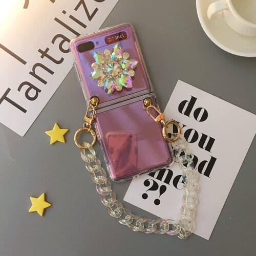 Diamond Flower Transparent Phone Case With Crystal Chain For Samsung Galaxy Z Flip 5G Protective Case Capa For Galaxy Z Flip 3