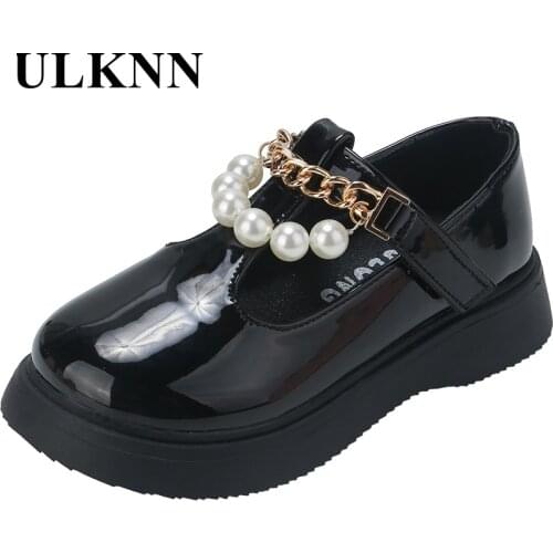 Childrens Pink Leather Shoes Beading Chiain Girls Black White Bow Soft Out Door Shoes Students School Falts Infant Size 26-36