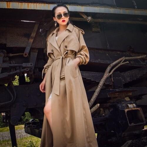 Double breasted Windbreaker female 127cm over the knee X-long spring and autumn British style was thin over the knee coat F321