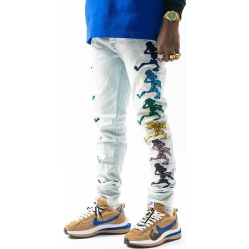 New mens male new style light blue trousers fashion casual high street embroidered printed ripped cotton jeans denim pants