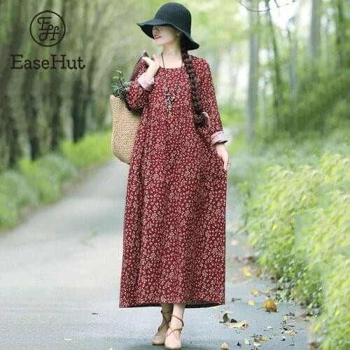 EaseHut Ethnic Floral Print Cotton Linen Dress Women Vintage Long Sleeve Autumn Spring Dress Loose Long Maxi Dress Robe Vestidos