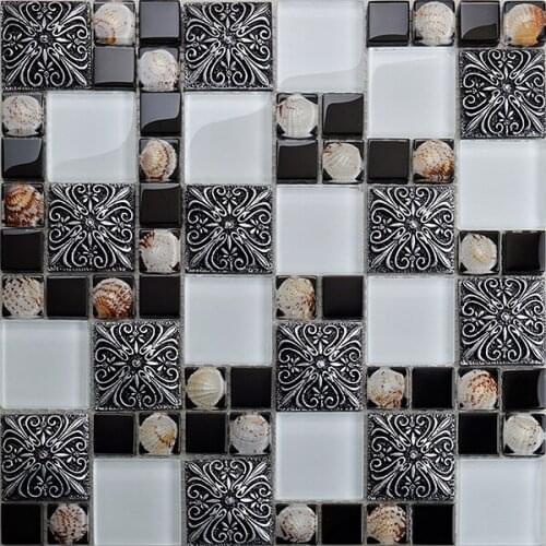 Retro Black Flower Resin Shell White Crystal Glass Mosaic Tiles for kitchen backsplash bathroom shower fireplace DIY Wall Tile