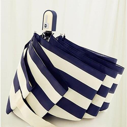 High-end Automatic Sunny Pencil Umbrella Creative Navy Striped Folding Umbrella Custom Advertising Umbrella