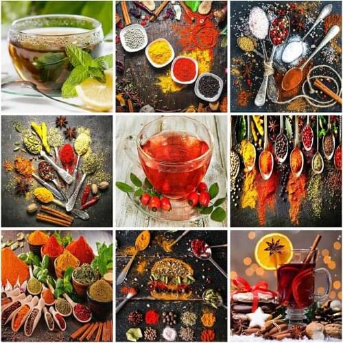 HUACAN Full Square Diamond Painting 5D Kitchen Spice Scene Embroidery Landscape Decoration For Home Gift