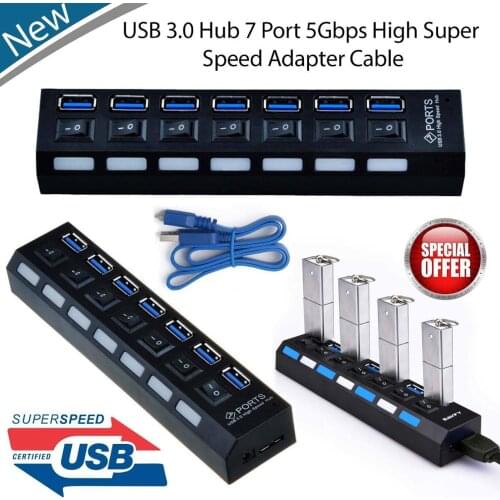 Kphrtek 1pc Latest 7 Port USB 3.0 Hub On / Off Switches AC Power Adapter Cable For PC Laptop
