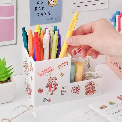 Creative Fashion Cute Pen Stand Desk Organizer Stationery With Decoration Stickers Holder Multifunctional Pencil Storage Box