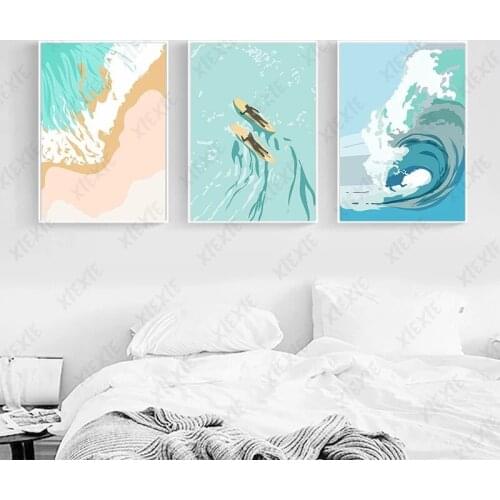 Summer Beach Poster Wallpaper Watercolor Canvas Painting Surfing Ocean Wave Print Picture Art Craft Decoration for Home Bedroom