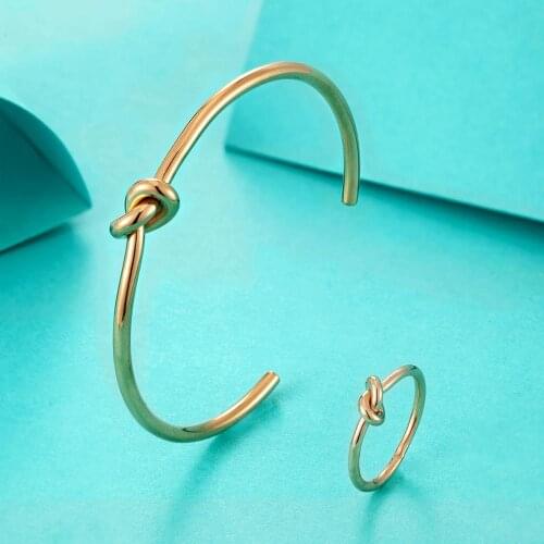 Trendy Knot Shape Jewelry Set Stainless Steel Gold Color Knuckle Ring Cuff Open Bangle Bracelets For Women Men Wedding Jewelry