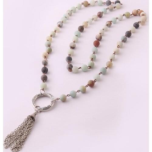 Fashion Frosted Amazonite Stones Rosary Chain Circle Metal Tassel Pendant Mala Necklace Handmade Women Jewelry