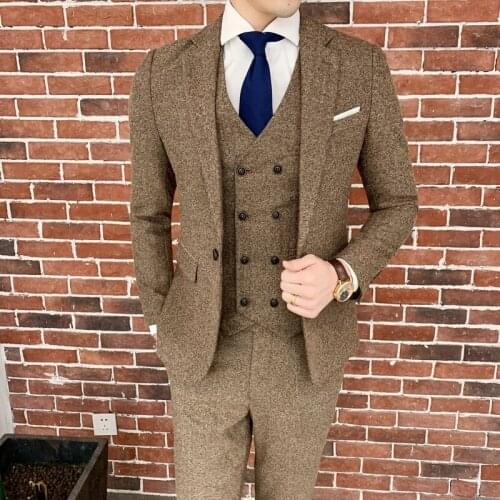 Autumn New Coat Pant Black Tweed Suit Men Vintage Winter Formal Wedding Suits For Men Mens Classic Suit 3 Pieces Men Suit