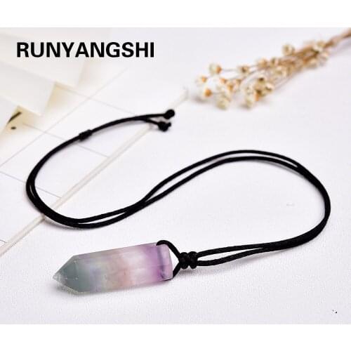 Natural crystal Purple green fluorite Crystal column Hexagonal Pendant crystal wand point Necklace Energy stone