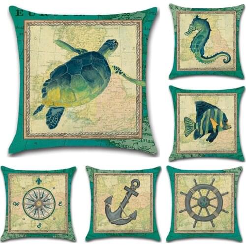 Green Cartoon Marine Life Printing 45*45cm Cushion Cover Linen Throw Pillow Car Home Decoration Decorative Pillowcase