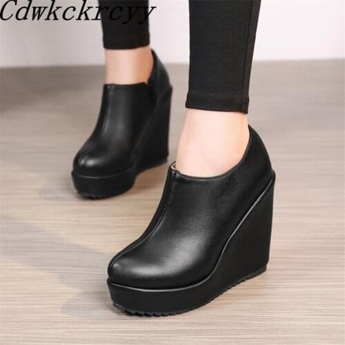 Spring New pattern fashion Round head zipper Simplicity Slope heel Women Shoes black white Thick bottom banquet Women Shoes34-43
