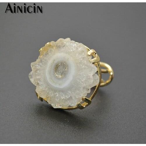 Original Color Natural Flower Druzy Crystal Prong Setting Adjustable Rings For Men Luxury Drusy Party Jewelry Gift For Women 1pc