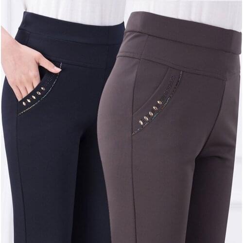 Autumn Womens Trousers 2021 New Middle-aged Elderly Solid Elastic High Waist Casual Pants Plus Size 5XL Female Straight Pants