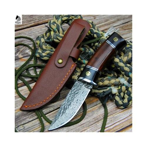 PEGASI Damascus steel round wooden handle outdoor hunting knife high hardness forging straight blade li gifts knives wholesale
