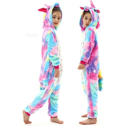 Kids Soft Warm Flannel Kigurumi Pajamas Cartoon Unicorn Sleepwear Jumpsuit for Boys Girls Pyjamas for Teens from 4 to 12 Years
