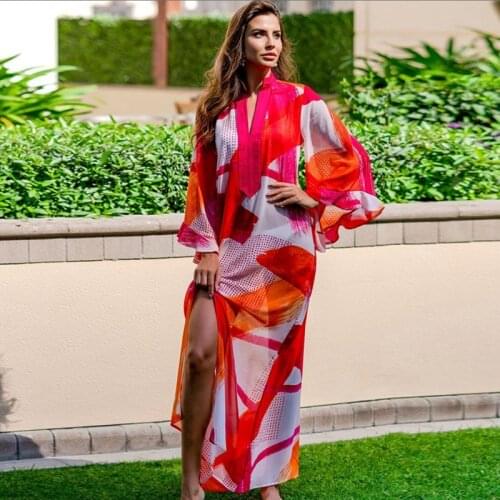 Abstract Red Print Semi Sheer Maxi Dress Women' Laidback Summer Kaftan Free-Spirited Beach Overalls Caftan Robe Tunic Boho Abaya