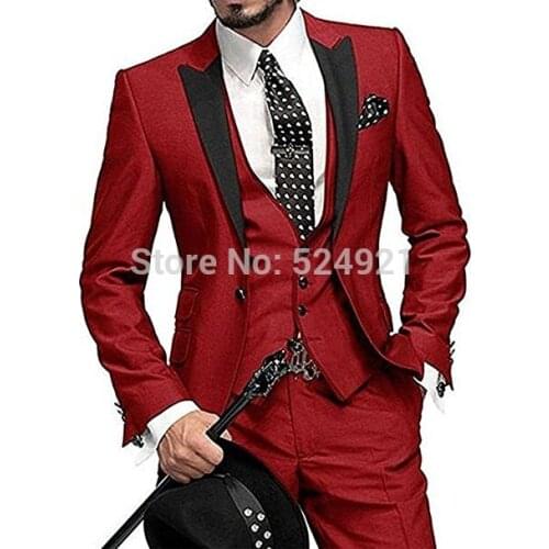 Custom Made Groomsmen Red Groom Tuxedos Peak Black Lapel Men Suits Wedding Best Man Blazer ( Jacket+Pants+Vest +Tie) C294