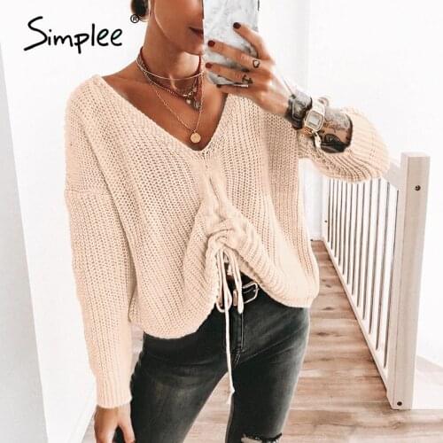 Simplee loose oversize lace up women sweater pullovers ladies jumper sweaters knitted casual feminino knitwear solid sweater