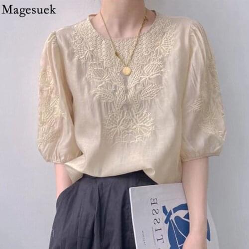 Embroidered Lace Blouse Summer Puff Short Sleeve Casual Womens Shirt 2021 Fashion O Neck Hook Flower Elegant Blouses Tops 15454