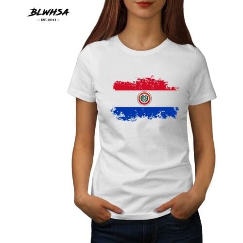 BLWHSA Paraguay Flag Women T shirt Casual Short Sleeve 100% Cotton Printed T-shirts Funny Paraguay National Flag Women Tops