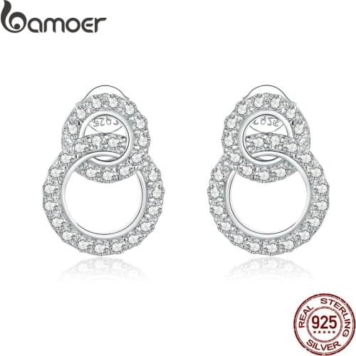 Bamoer Double Circle Stud Earrings for Women 925 Sterling Silver Ear Pins Wedding Engagemetn Statement Jewelry Brincos BSE388